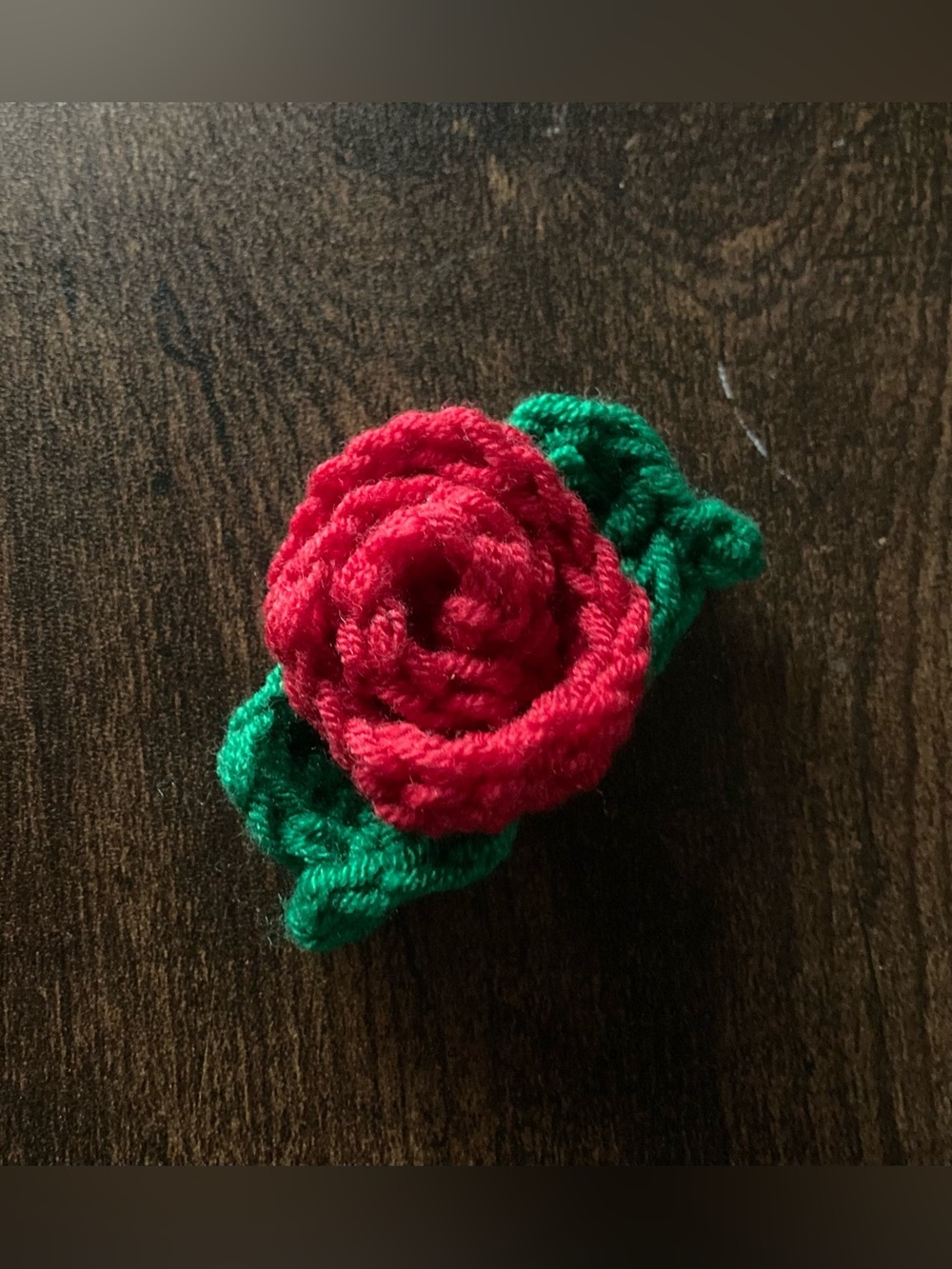 Handcrafted Red Crochet Rose with Green Leaves